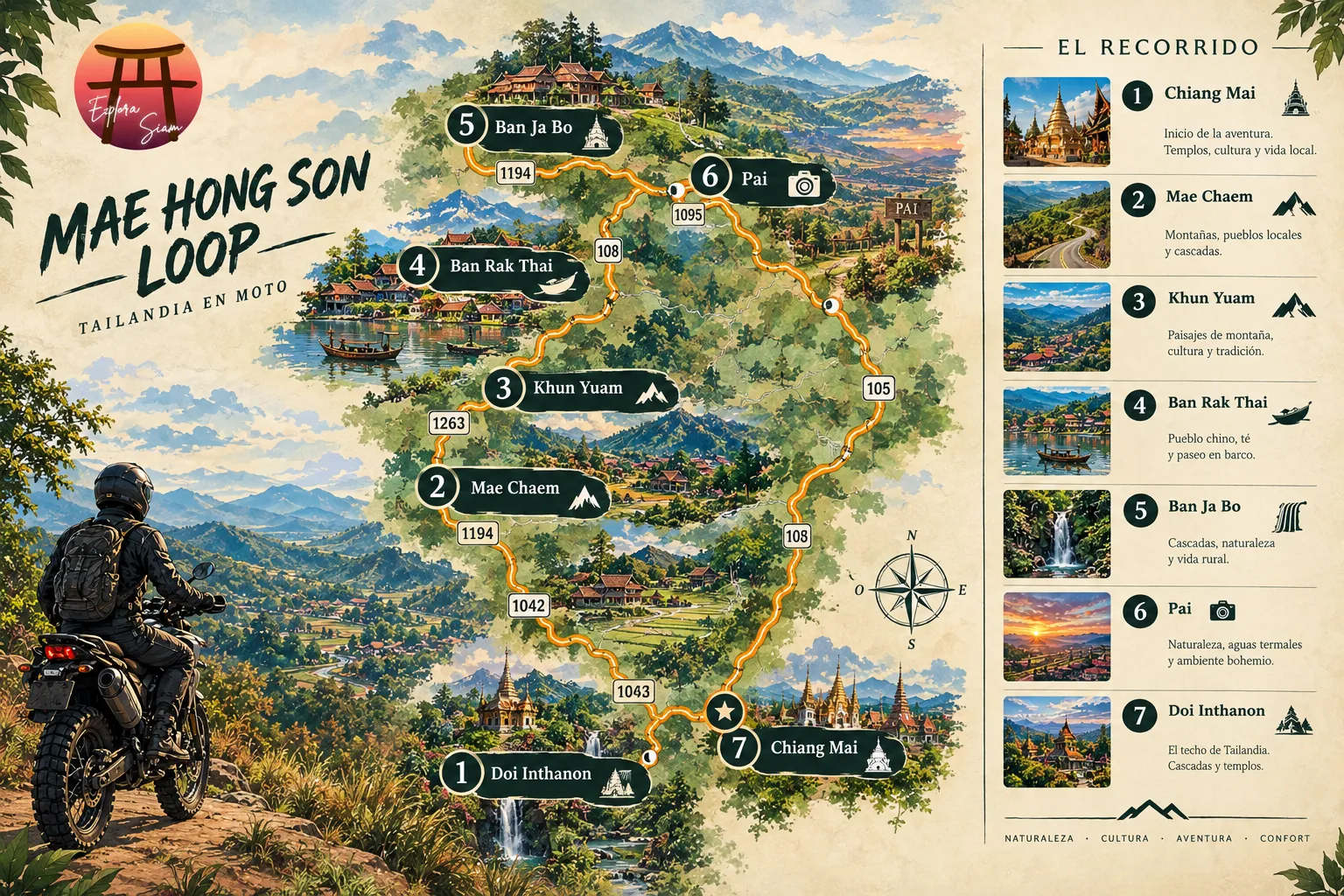 Mapa del Mae Hong Son loop indicando las paradas y leyenda
